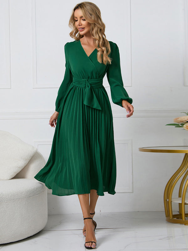 Women long sleeve slim pleated belt V-neck A-line skirt Dress