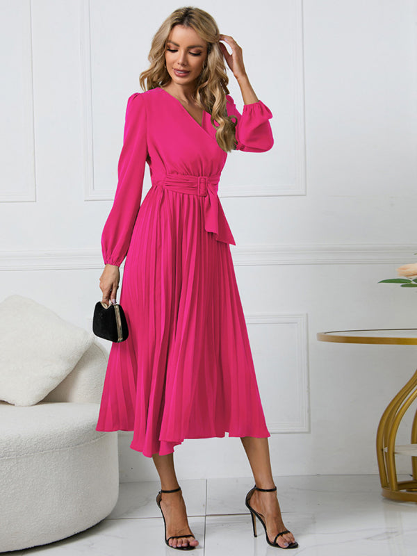 Women long sleeve slim pleated belt V-neck A-line skirt Dress