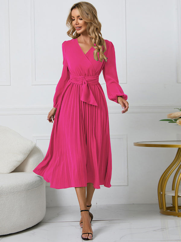 Women long sleeve slim pleated belt V-neck A-line skirt Dress