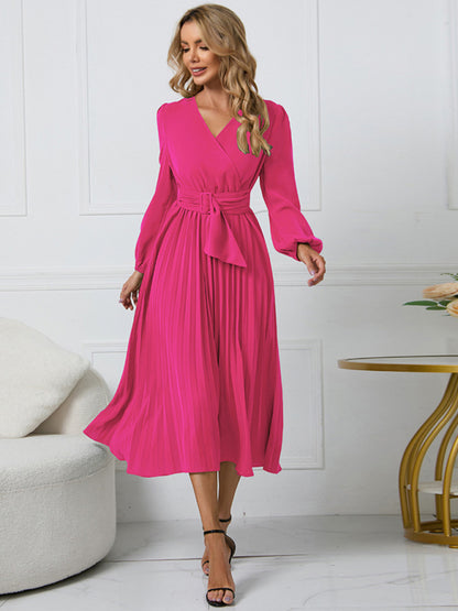 Women long sleeve slim pleated belt V-neck A-line skirt Dress