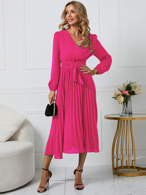 Women long sleeve slim pleated belt V-neck A-line skirt Dress