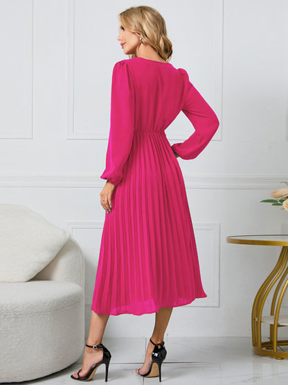 Women long sleeve slim pleated belt V-neck A-line skirt Dress