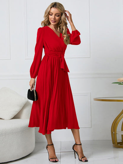 Women long sleeve slim pleated belt V-neck A-line skirt Dress