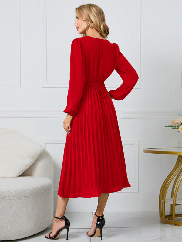 Women long sleeve slim pleated belt V-neck A-line skirt Dress