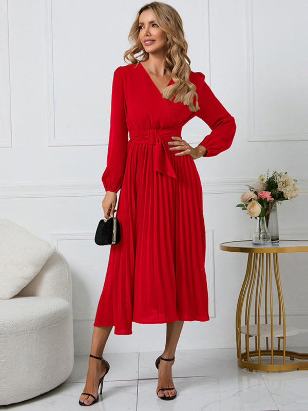 Women long sleeve slim pleated belt V-neck A-line skirt Dress