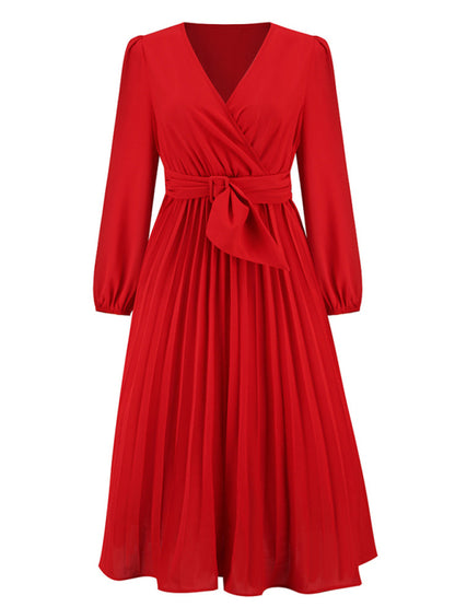 Women long sleeve slim pleated belt V-neck A-line skirt Dress