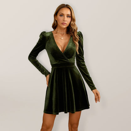 Women V-Neck Sexy Leg of Lamb Long Sleeves Waist A-Line Velvet Party Dress