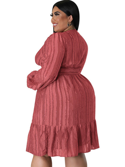 Plus size women jacquard V-neck striped long-sleeved party dress