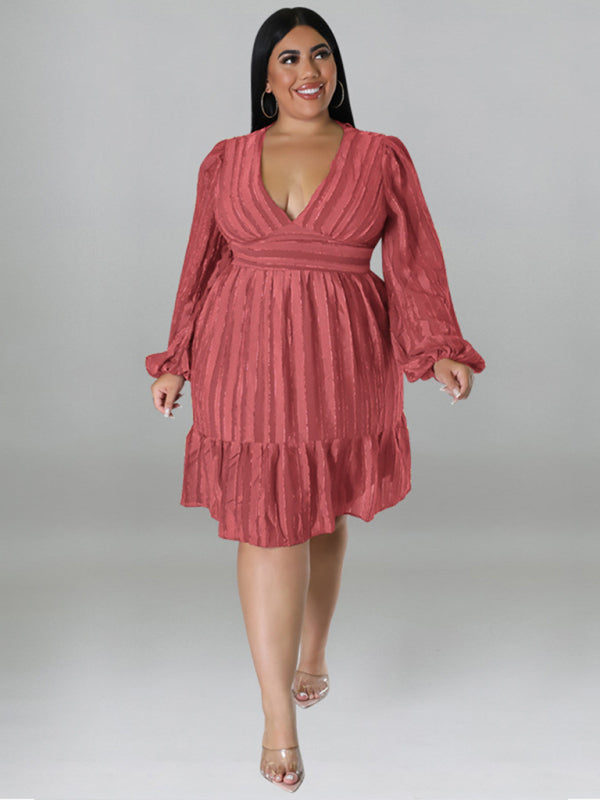 Plus size women jacquard V-neck striped long-sleeved party dress