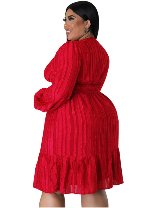 Plus size women jacquard V-neck striped long-sleeved party dress