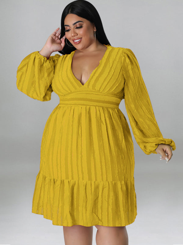 Plus size women jacquard V-neck striped long-sleeved party dress