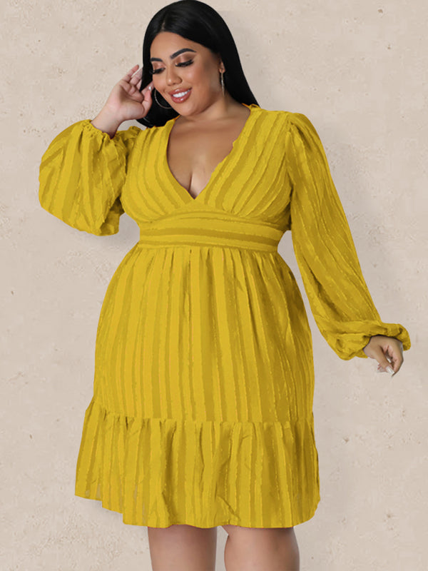 Plus size women jacquard V-neck striped long-sleeved party dress