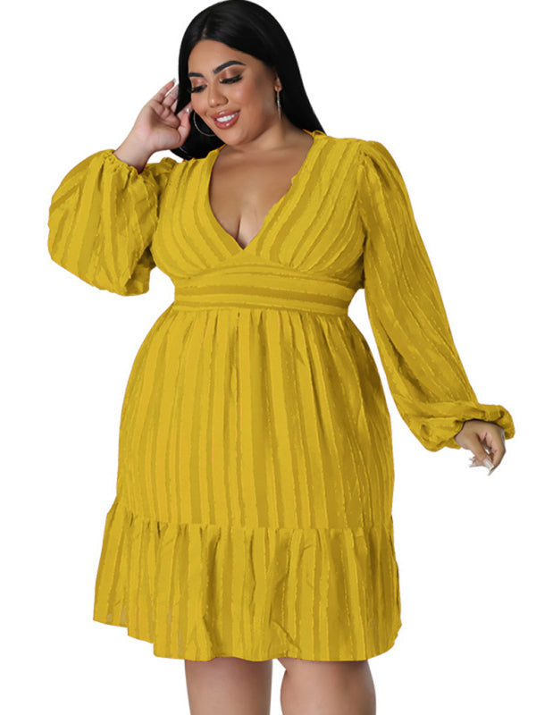 Plus size women jacquard V-neck striped long-sleeved party dress