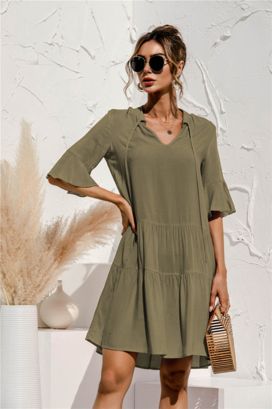 Women V-neck trumpet sleeve cake stylish stitching party dress