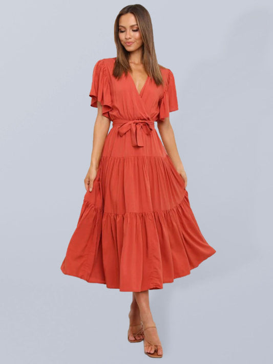 Women Solid V-neck short sleeve bohemian midi party dress