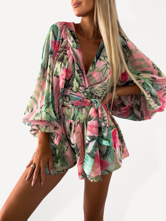 Women's woven floral long-sleeved shorts V-neck tropical beach jumpsuit romper