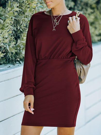 Women's Knitted Round Neck Long Sleeve Slim Package Hip Skirt Dress