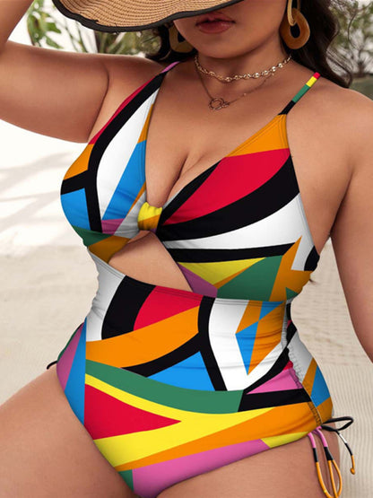 Plus Size Women-Printed Push-up Hollow One-Piece Swimsuit Bikini Suits