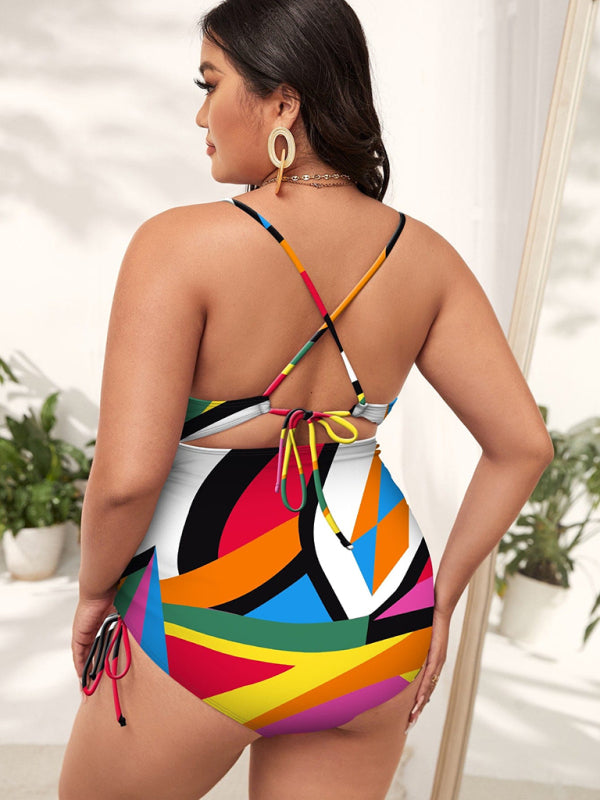 Plus Size Women-Printed Push-up Hollow One-Piece Swimsuit Bikini Suits