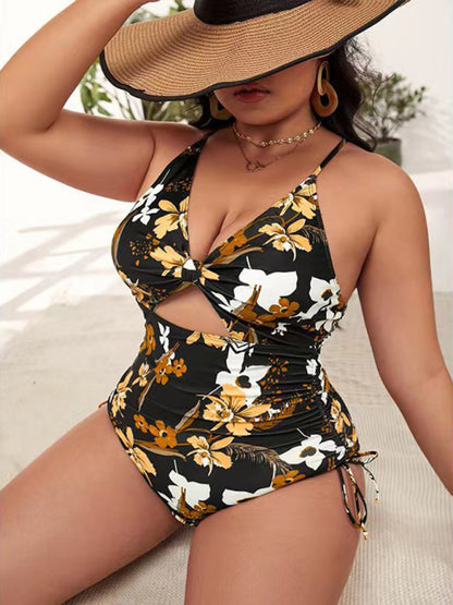 Plus Size Women-Printed Push-up Hollow One-Piece Swimsuit Bikini Suits