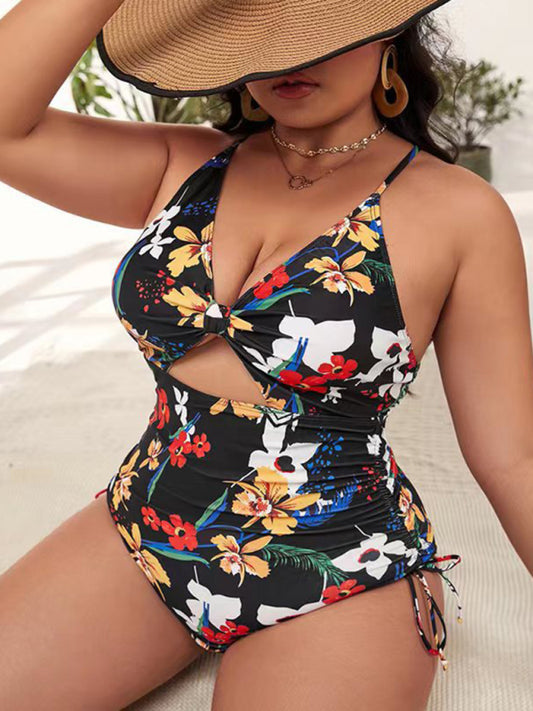 Plus Size Women-Printed Push-up Hollow One-Piece Swimsuit Bikini Suits