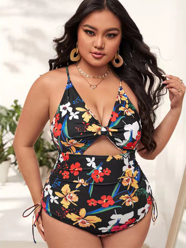 Plus Size Women-Printed Push-up Hollow One-Piece Swimsuit Bikini Suits