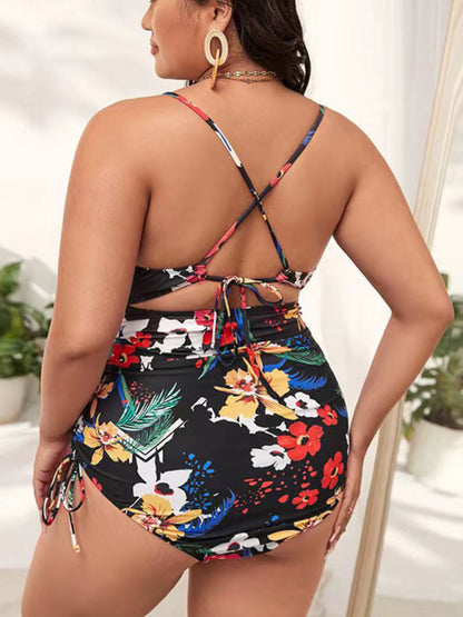 Plus Size Women-Printed Push-up Hollow One-Piece Swimsuit Bikini Suits