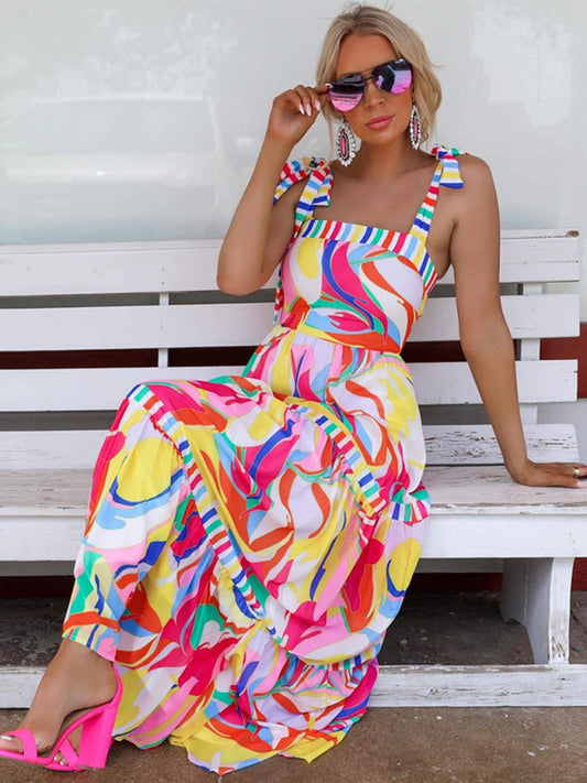 Women Holiday Bohemian Print Sling Paneled Swing Party Dress