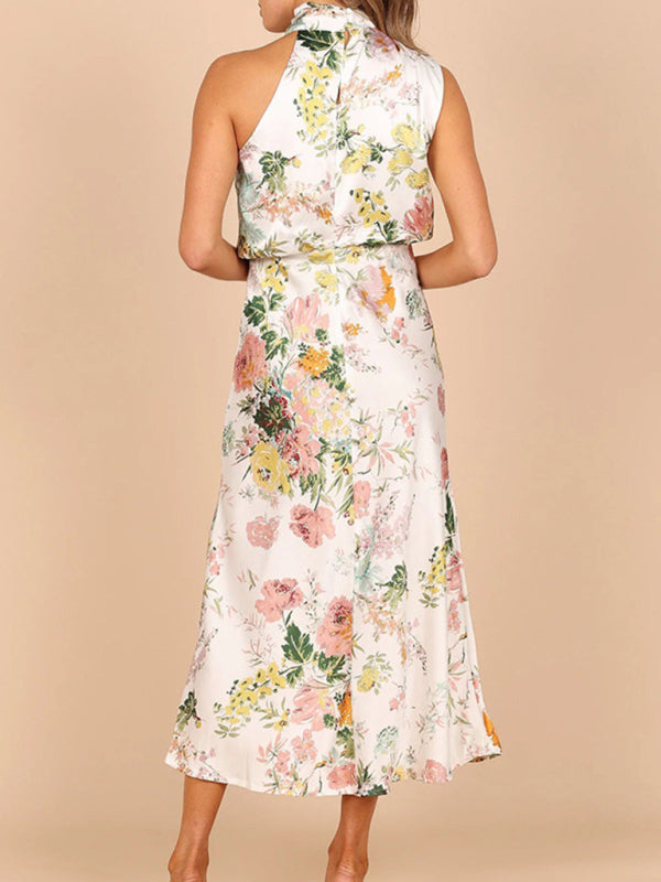 Women Temperament Sleeveless Halter Neck Printed Satin Party Dress