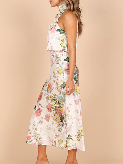 Women Temperament Sleeveless Halter Neck Printed Satin Party Dress