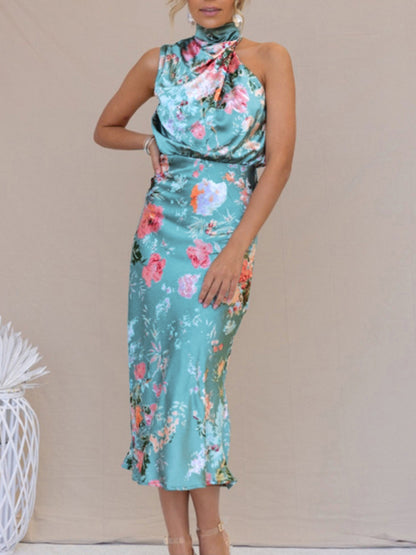 Women Temperament Sleeveless Halter Neck Printed Satin Party Dress