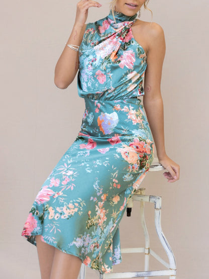 Women Temperament Sleeveless Halter Neck Printed Satin Party Dress