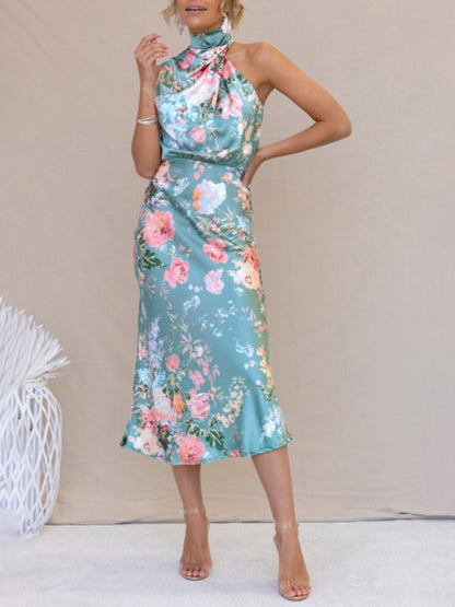 Women Temperament Sleeveless Halter Neck Printed Satin Party Dress