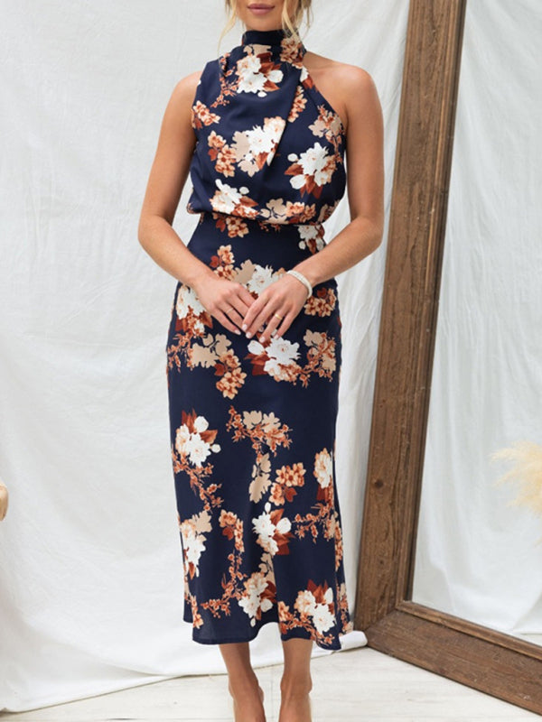 Women Temperament Sleeveless Halter Neck Printed Satin Party Dress