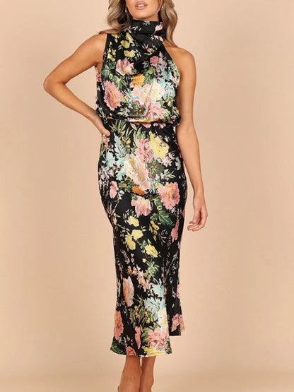 Women Temperament Sleeveless Halter Neck Printed Satin Party Dress