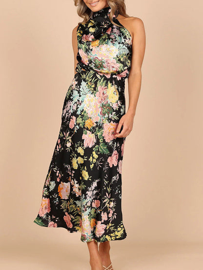 Women Temperament Sleeveless Halter Neck Printed Satin Party Dress