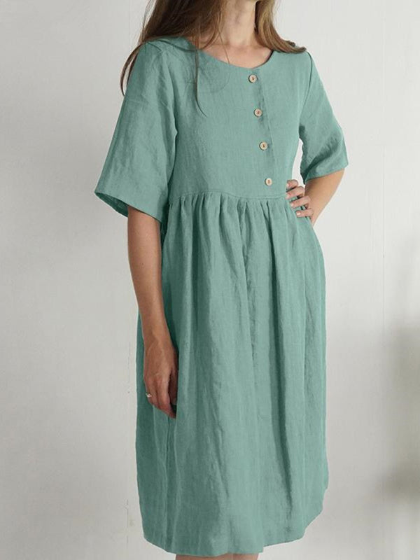 Women's Cotton Linen Round Neck Loose Solid Color Pocket Party Dress