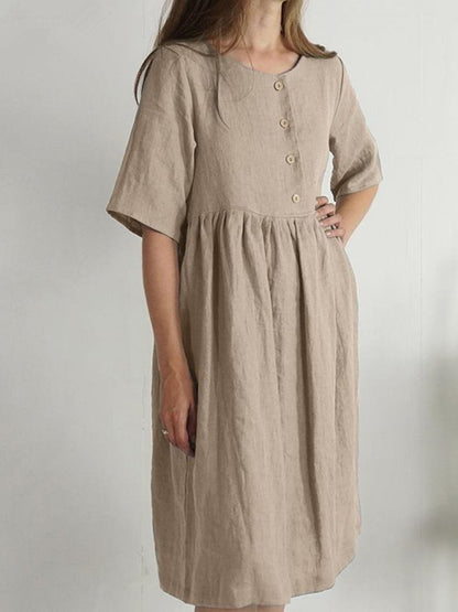 Women's Cotton Linen Round Neck Loose Solid Color Pocket Party Dress