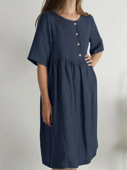 Women's Cotton Linen Round Neck Loose Solid Color Pocket Party Dress