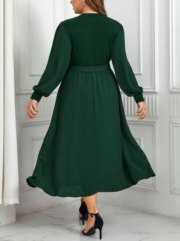 plus size women V-neck green design evening party dress