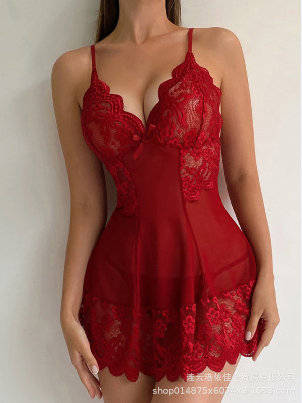 Sexy Self Design Dropped Shoulder Sleeve Nightgown Lingerie Set