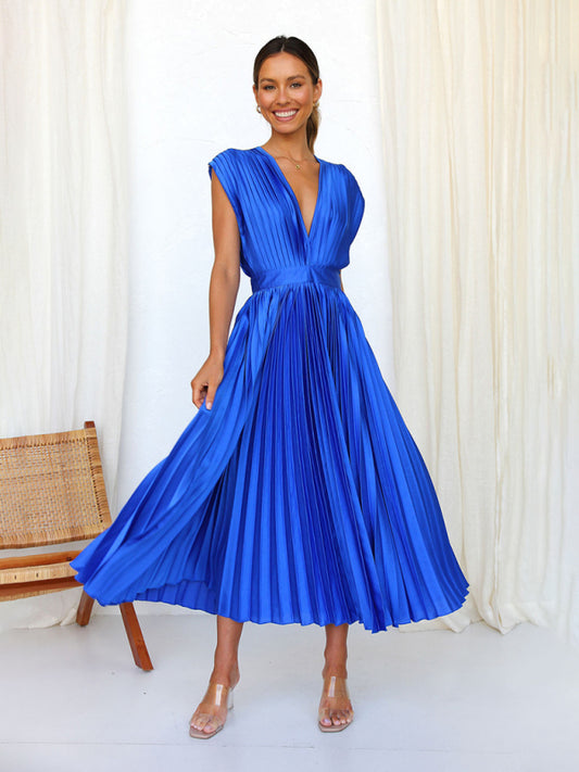 Sexy Women Fashion pleated loose zipper sleeveless Maxi Party Dress