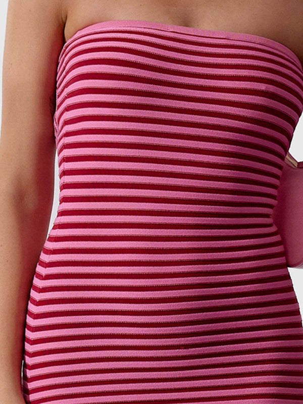 Women Tube top long knitted striped sexy slim fit hip-hugging party dress