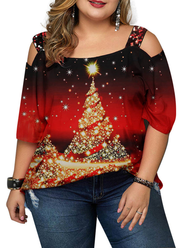 Women Christmas tree print off-shoulder loose short-sleeved plus size T-shirt tops