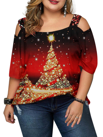 Women Christmas tree print off-shoulder loose short-sleeved plus size T-shirt tops