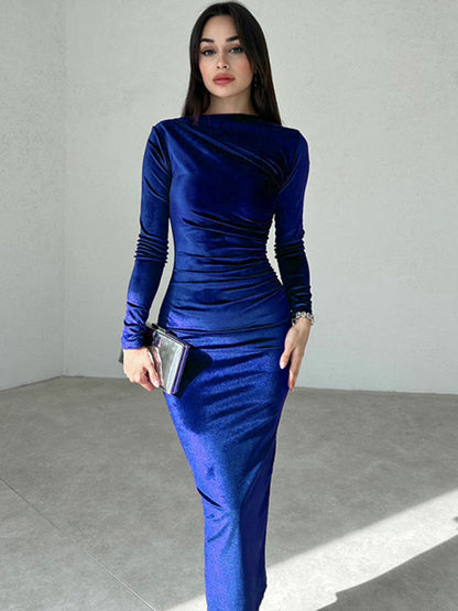 Women Fashion Solid Color Slim Fit Pleated Round Neck Long SleevePencil Dress