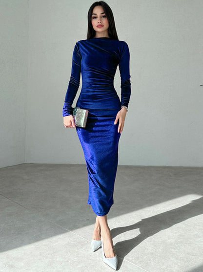 Women Fashion Solid Color Slim Fit Pleated Round Neck Long SleevePencil Dress