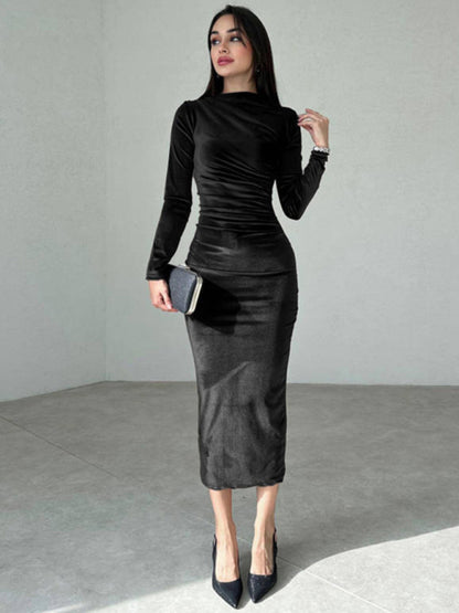 Women Fashion Solid Color Slim Fit Pleated Round Neck Long SleevePencil Dress