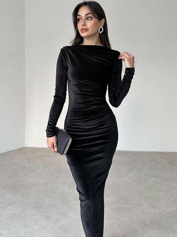 Women Fashion Solid Color Slim Fit Pleated Round Neck Long SleevePencil Dress