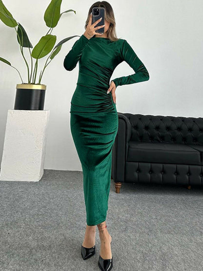 Women Fashion Solid Color Slim Fit Pleated Round Neck Long SleevePencil Dress